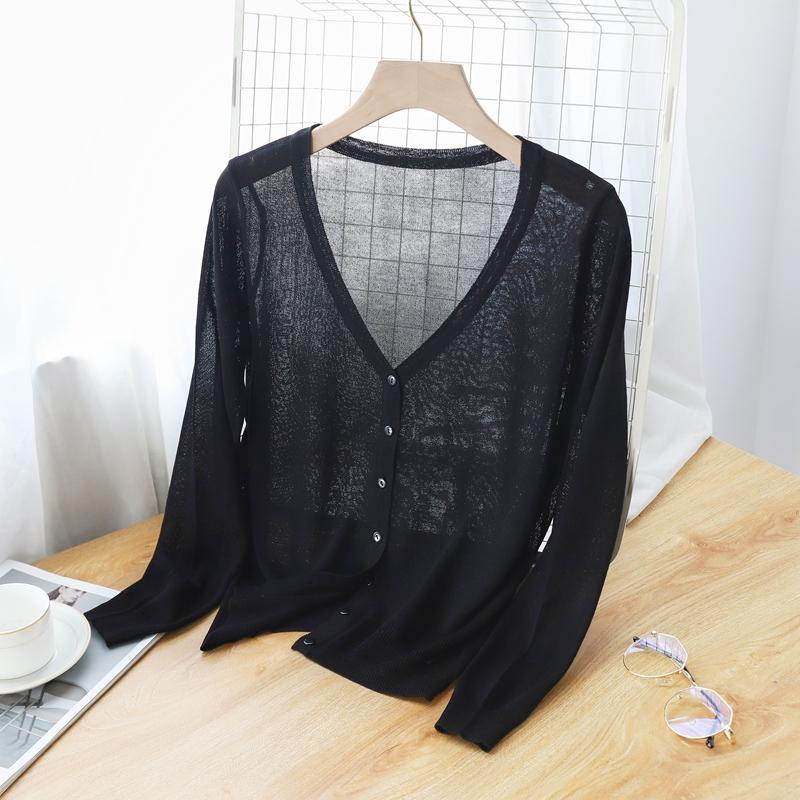 Eis Seide Dünn Gestrickt Damen Cardigan Frühling Sommer Koreanischer Stil V-Ausschnitt Locker Alles Passend Einreihig Sonnenschutz Oberbekleidung