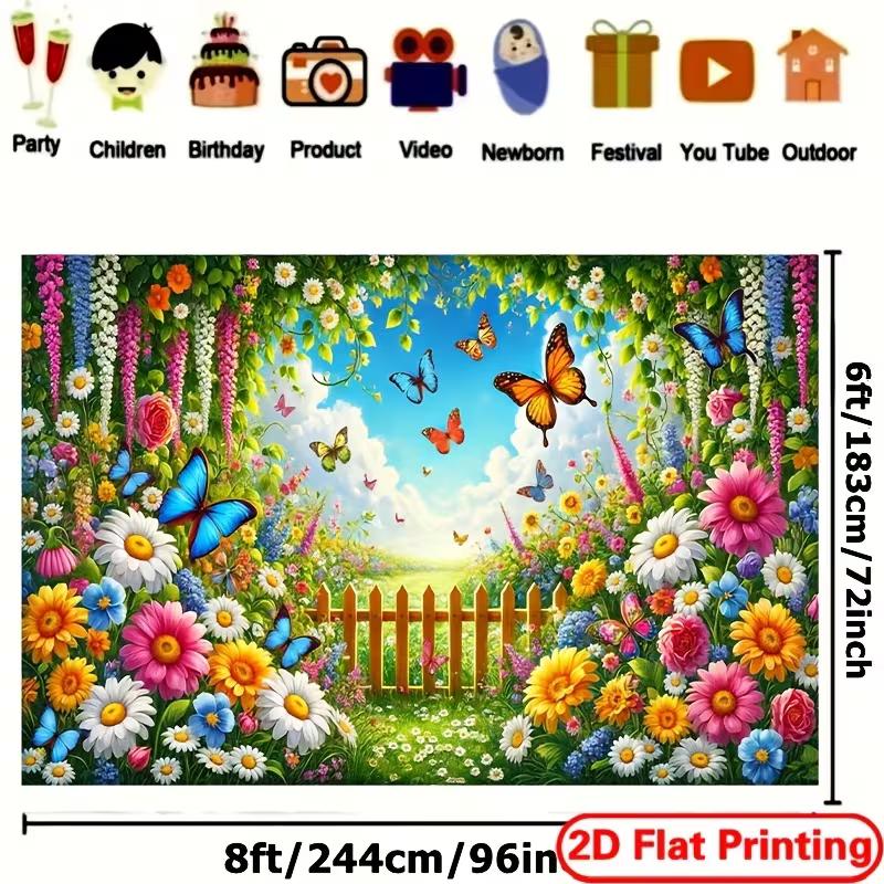 2D Sommergarten Kulisse Blumig Schmetterling & Zaun Fotokabinen Hintergrund