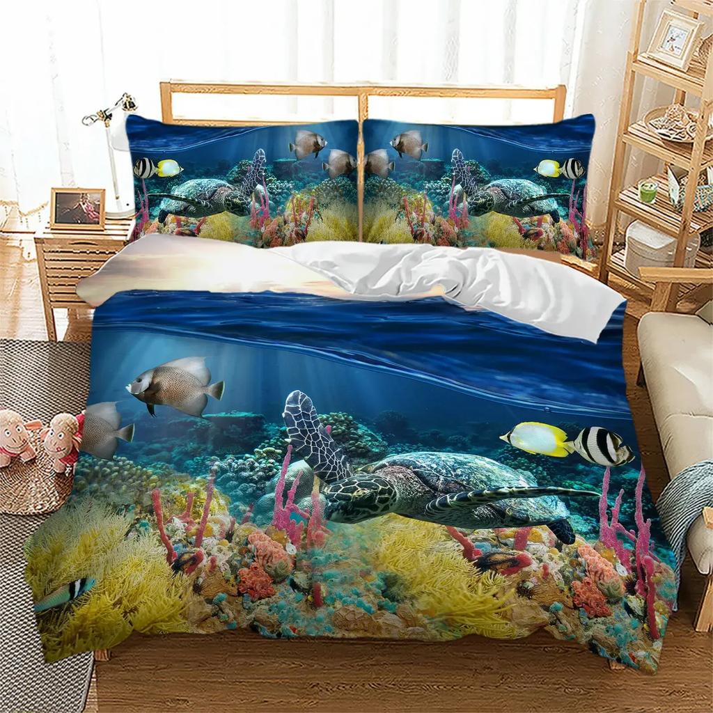 Sea Turtle Shark Comfortable Duvet Quilt Cover Pillowcase Bedding Set Children Bedroom Decoration Home Textile
