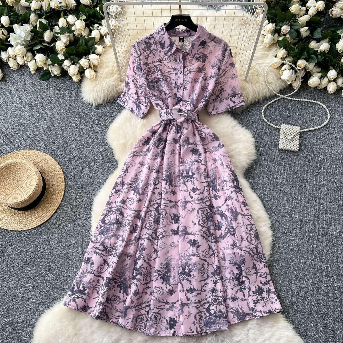 

Винтажное платье с принтом, женское платье-рубашка трапециевидной формы с короткими рукавами и лацканами, женские элегантные летние длинные халаты трапециевидной формы, Vestidos L розовый