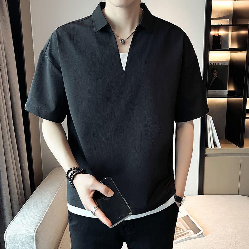 

V-neck Solid Color Summer Simplicity All-match Men s Clothing Fashion Casual New Short Sleeved Black White Loose T-shirts Top 4XL чорний