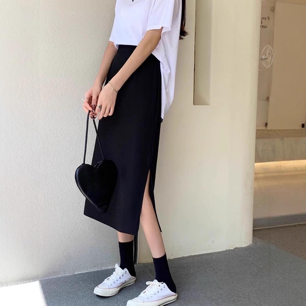 

Летняя черная миди-юбка-карандаш с разрезом, завышенной талией, стройнящая XS [70-80 lbs]