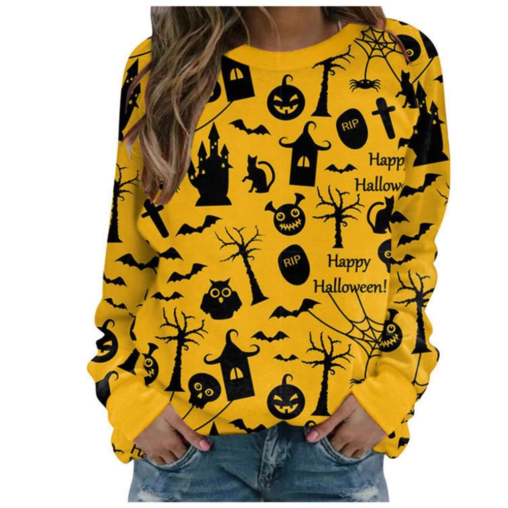 Women's Fashion Casual Hoody Autumn Winter Halloween Evil Witch Dark Castle Horror Party Print Sweatshirts Long Sleeved O Neck Hoodies Female Tops