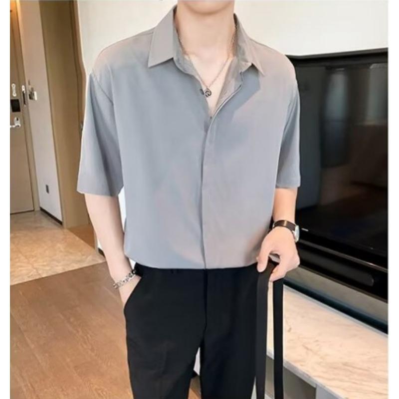 Men Short Sleeve Business Casual Non Iron Loose Solid Shirt