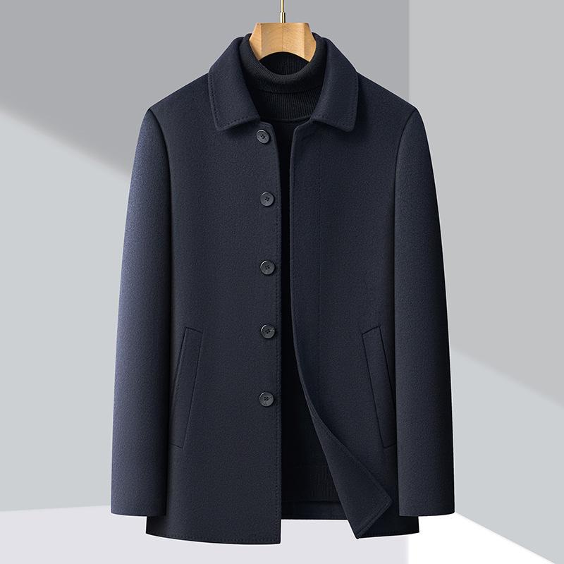 Autumn and Winter Double-sided Woolen Cashmere Coat for Men, Medium-length Lapel, Middle-aged and Elderly Business Loose Woolen Coat for Men