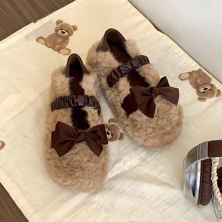 

Bow thick-soled fluffy shoes for women s 2025 new autumn and winter height increase versatile one-pedal velvet Mary Jane cotton shoes 40 абрикосовый