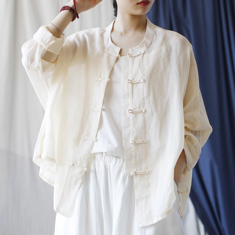 Johnature Dámské košile v čínském stylu Stojáček Dlouhý rukáv Knoflíkové topy Podzim Jednobarevné Vintage Dámské halenky