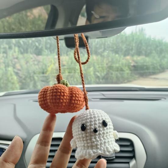 Halloween Crochet Pumpkin And Ghost Car Pendant Handmade Mini Knitted Ghost Pumpkin Hanging Ornament for Car Rear View Mirror Interior Accessories
