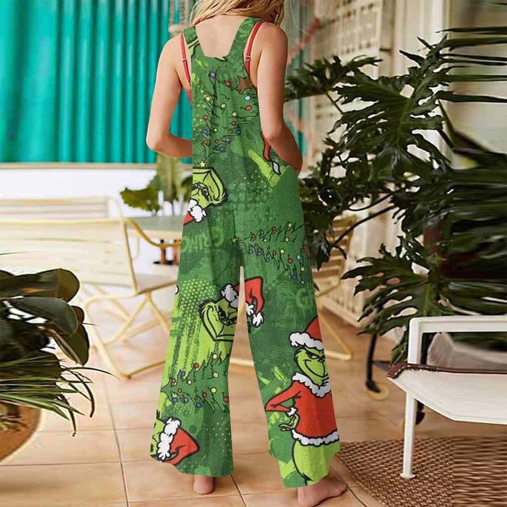 Women's Fashion Christmas  Print Casual Retro Sleeveless Button Jumpsuit