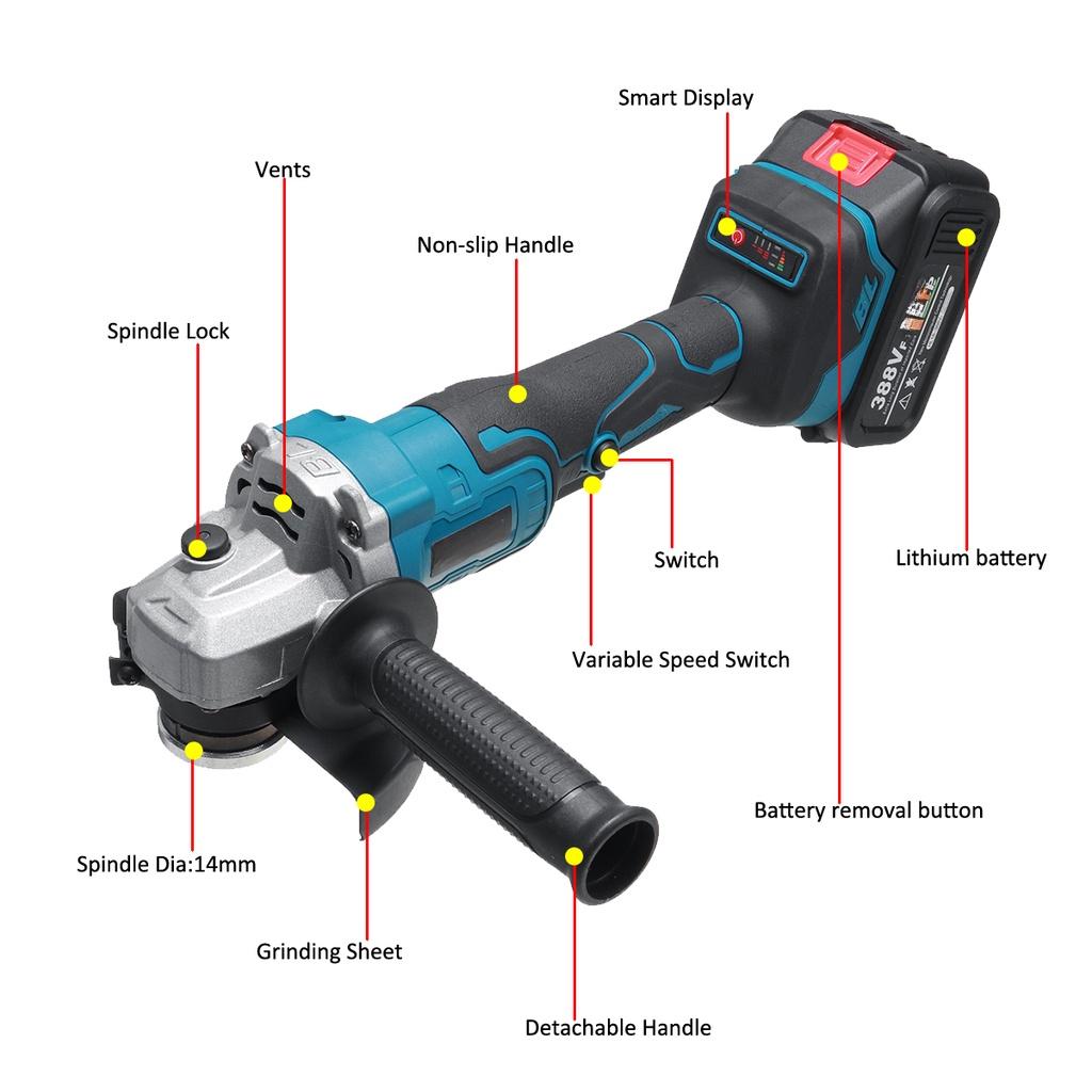 Brushless Cordless Electric Angle Grinder Machine 388VF 125mm Woodworking Power Tool with 1/2 Battery For 18V Battery 800W