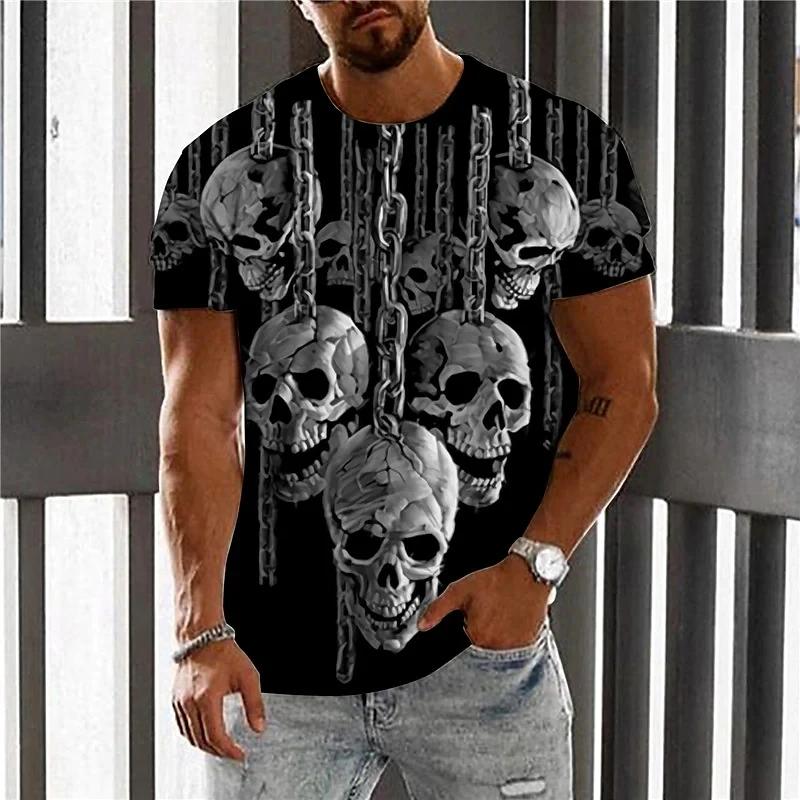 Summer Round Neck 3D Vintage Horror Skull Print Top Fashionable Casual Short Sleeved Men's T-shirts