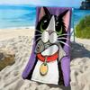 Cartoon Cat Holding a Fish Pattern Polyester Microfiber Beach Towel Is Highly Absorbent, Suitable for Swimming and Beach Outings