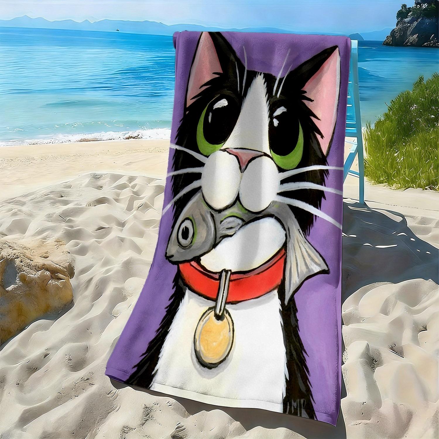 

Cartoon cat holding a fish pattern polyester microfiber beach towel is highly absorbent, suitable for swimming and beach outings W30*H60(CM)