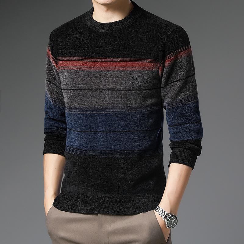 New Spring and Autumn Chenille Striped Long-sleeved Sweaters for Young and Middle-aged Men, Slim and Handsome Bottoming Shirts