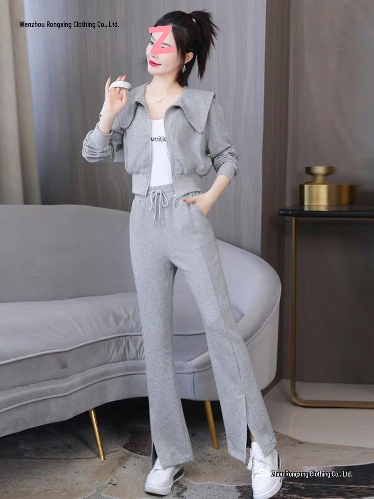 Women's Two-Piece Set: Long-Sleeve Jacket & High-Waist Flared Pants - Casual Sportswear for Spring & Autumn