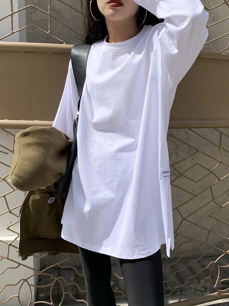 Women's Solid Color Split Long-Sleeved T-Shirt Korean Spring Autumn Ladies Casual Loose Tops Bottoming White Shirts