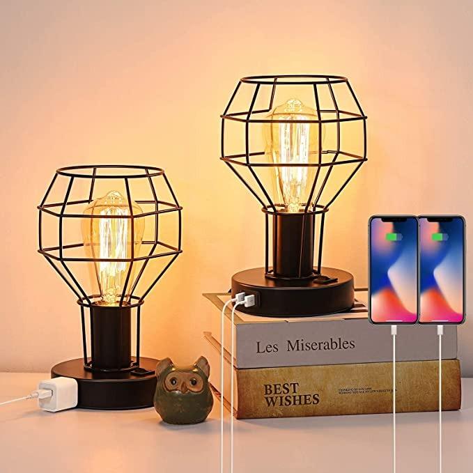 Industrial Table Lamp Small Desk Lamp with USB Charging Port Vintage Lamp with Outlet for Bedroom Living Room Nightstand 2 Sets