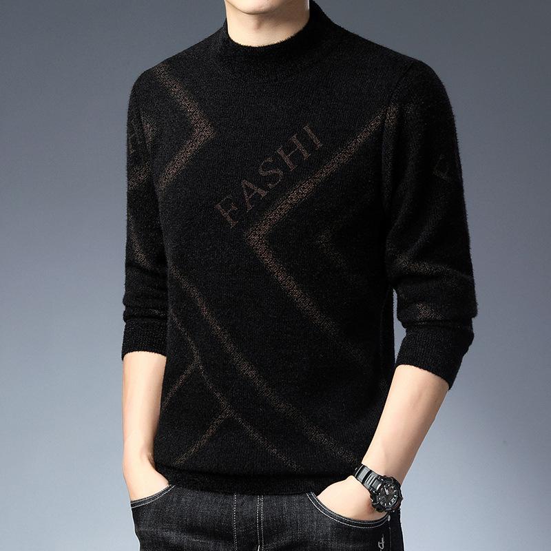 Men's Knit Striped Round Neck Sweater – Thickened Plus Velvet Base Layer for Autumn/Winter