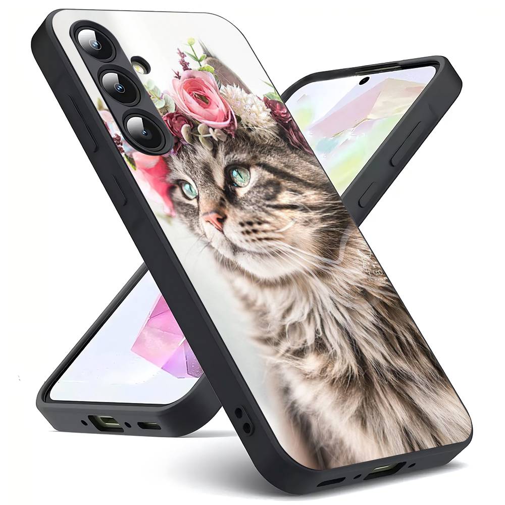Animal Head Wearing Flowers For Samsung Galaxy S23 S24 S25 Ultra S22 Plus S21 Black Soft Case Waterproof Soft Case