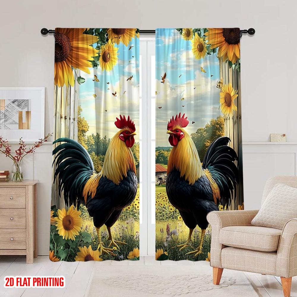 2Pcs Farmhouse Style Curtains Chicken And Sunflower Print Rod Pocket Window Treatments Rustic Drapes Design For Privacy