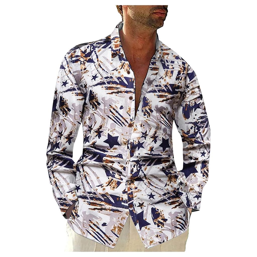 Moda Uomo Casual Stampa Manica Lunga Abbottonata Risvolto Camicia Top Blusa