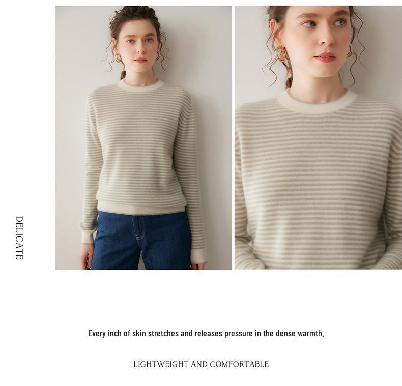Women's Cashmere Striped Round Neck Sweater - 2026 Autumn/Winter Collection, Loose Fit, Gentle Style, Slimming, Warm Base Layer