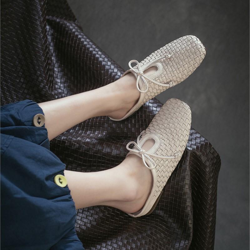 Johnature Pantofole da esterno intrecciate in vera pelle stile retrò, scarpe slip-on da donna leggere e versatili
