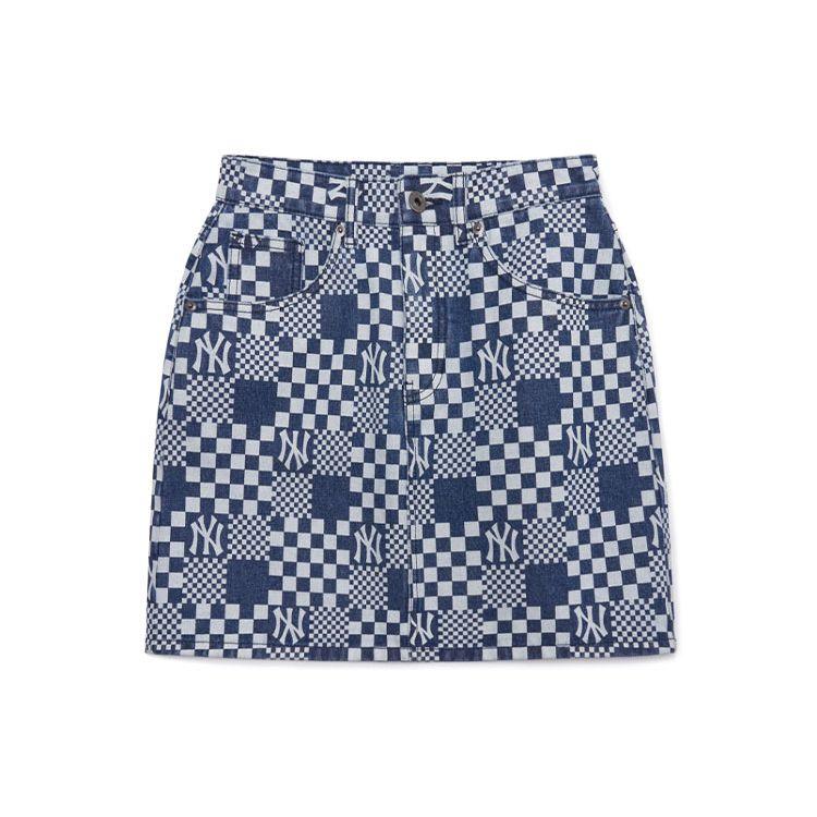 MLB New York Yankees Karierter A-Linien-Denim-Rock mit mittlerer Taille für Damen Röcke Blau 3FDSM0223-50BLS XS gray