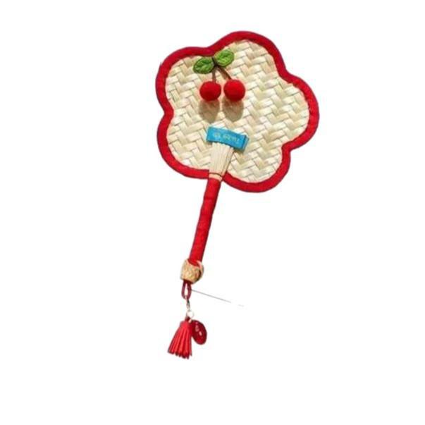 Cherry Handmade Mini Cattail Fan - Cute Cartoon Design, Portable Ancient Chinese Style for Summer