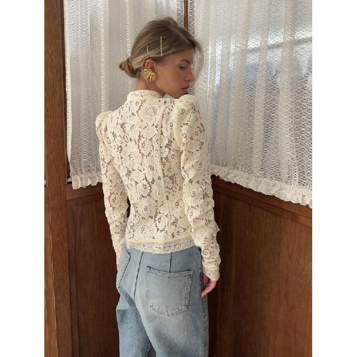 Nová krajková háčkovaná květinová dámská košile Módní dojíždění Dlouhý rukáv Kardigan Top Retro Slim Stojáček Dámské halenky