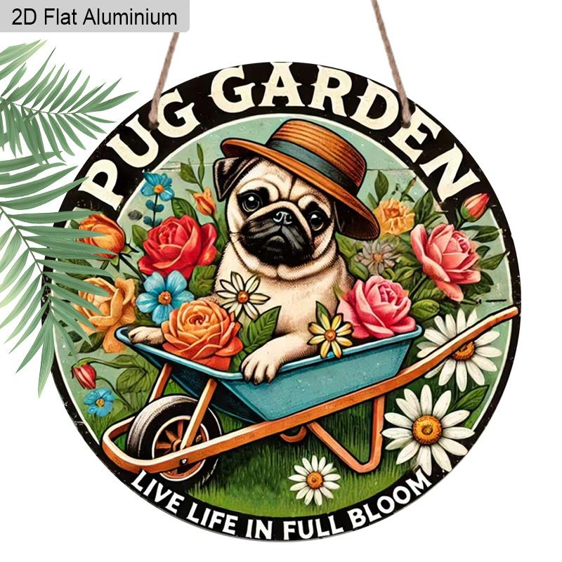 2D Flat 1pc Humorous Garden “PUG GARDEN” Aluminum Sign Round Decorative Hanging Ornament, Home Kitchen Garden Balcony Fence Decor, Gardening Studio