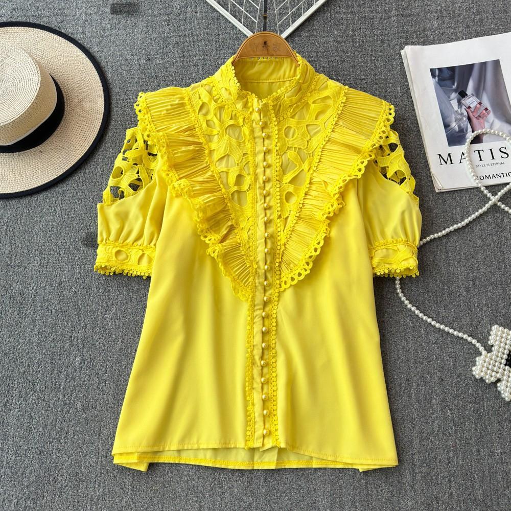 Women's Stand-up Collar Spring Embroidery Shirt Hollow Ruffled Lace Shirt Short-sleeved Solid Colour Ageing Splicing Shirt
