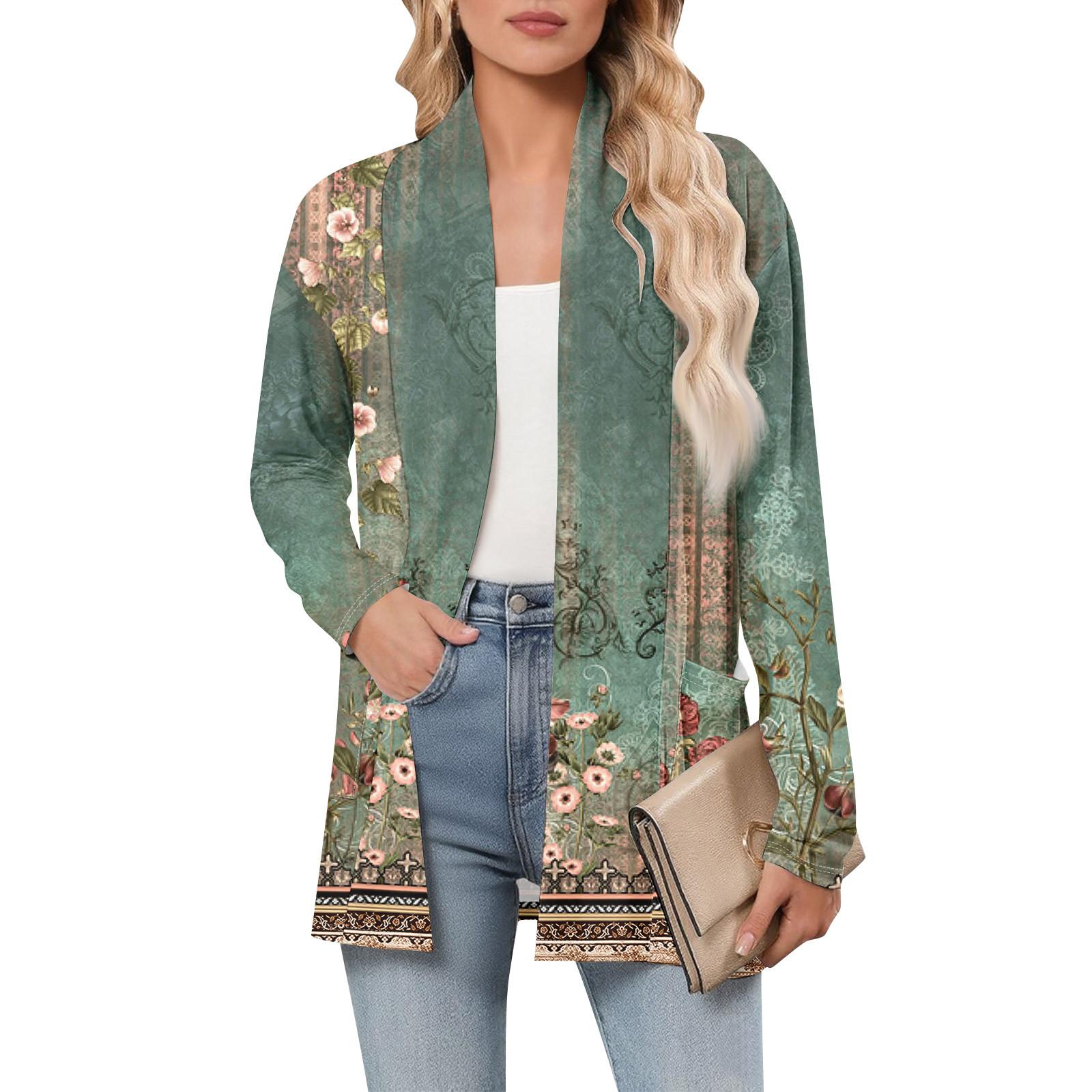 

Women s Long Sleeve Cardigan V Neck Fashion Printed Shirt Lightweight Casual Loose Thin Cardigans With Pockets S зелений