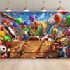 2D Stadium Victory Backdrop, Colorful Balloons & Trophy for Sports Party