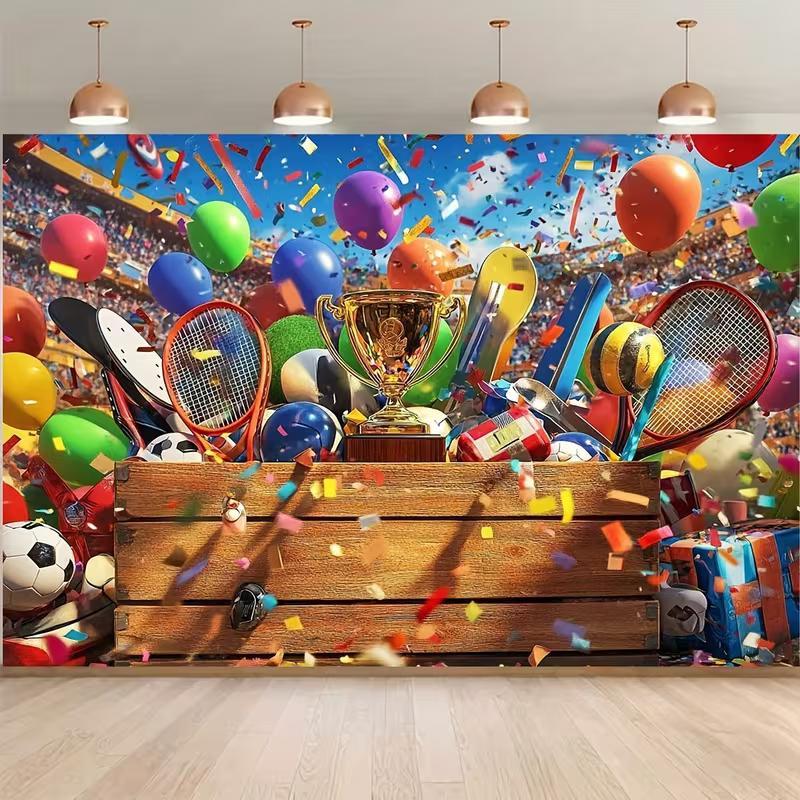 

2D Stadium Victory Backdrop, Colorful Balloons & Trophy for Sports Party 47.2x31.5inch/120*80cm
