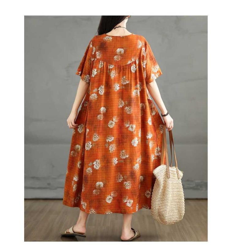 Summer Retro Cotton and Linen Round Neck Short Sleeved Dress, Women's Loose Letter Skirt