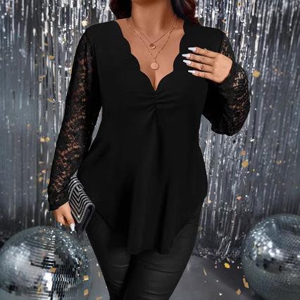 Women's Plus Size Lace Long Sleeve T-Shirt Deep V-Neck Solid Color Tunic Top