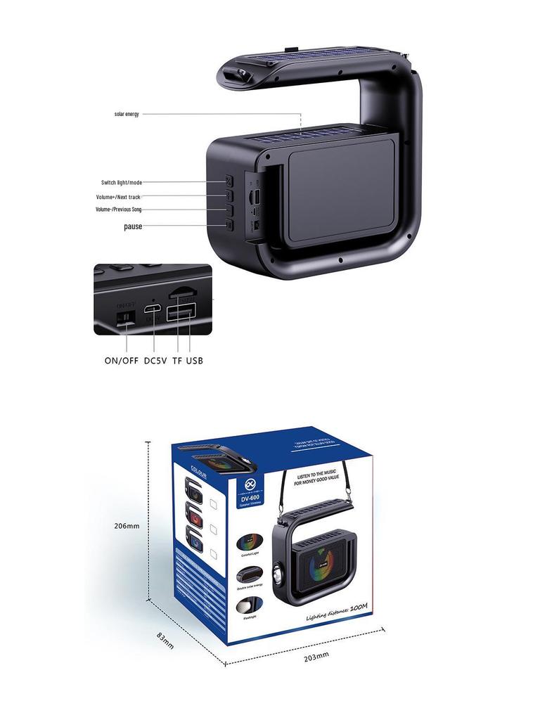Solar-Powered Bluetooth Speaker with Bass, Flashlight, and Phone Holder for Outdoor Use