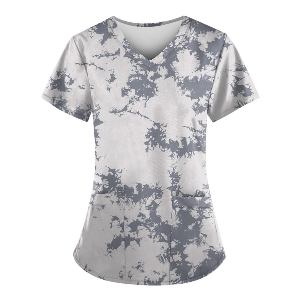 Women's Fashion V-neck Short Sleeve Workwear With Pockets Printed Tops Summer Tops For Women