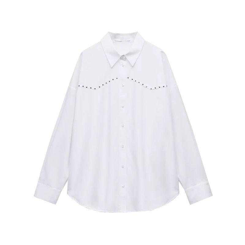 Spring New Women Clothes French Style Rivet Decoration Punk Loose Poplin Long Sleeve Lapel Shirts 3564172