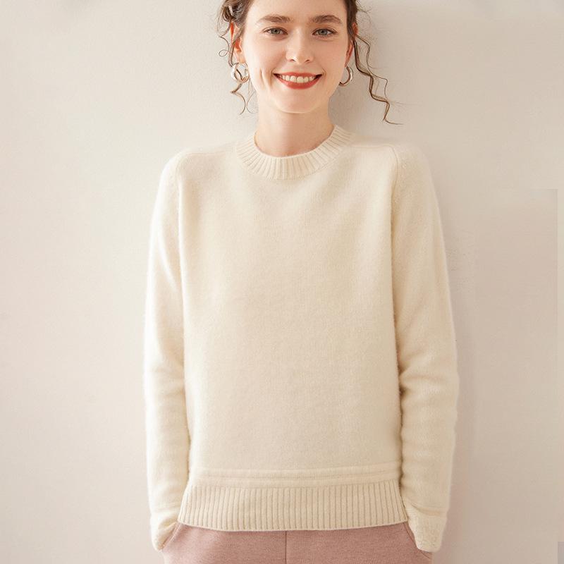 Women's Thick Cashmere Sweater - Autumn/Winter, Round Neck, Saddle Shoulder, Loose Fit, Lace Sleeve