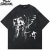 Men Washed Black TShirt Harajuku Streetwear Anime Cartoon Angel Girl Graphic T Shirt Cotton Tshirt Tops Tees Unisex YK