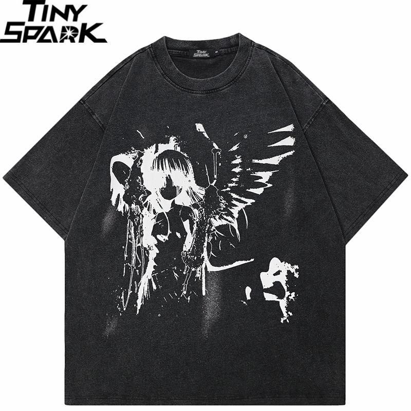 Men Washed Black TShirt Harajuku Streetwear Anime Cartoon Angel Girl Graphic T Shirt Cotton Tshirt Tops Tees Unisex YK