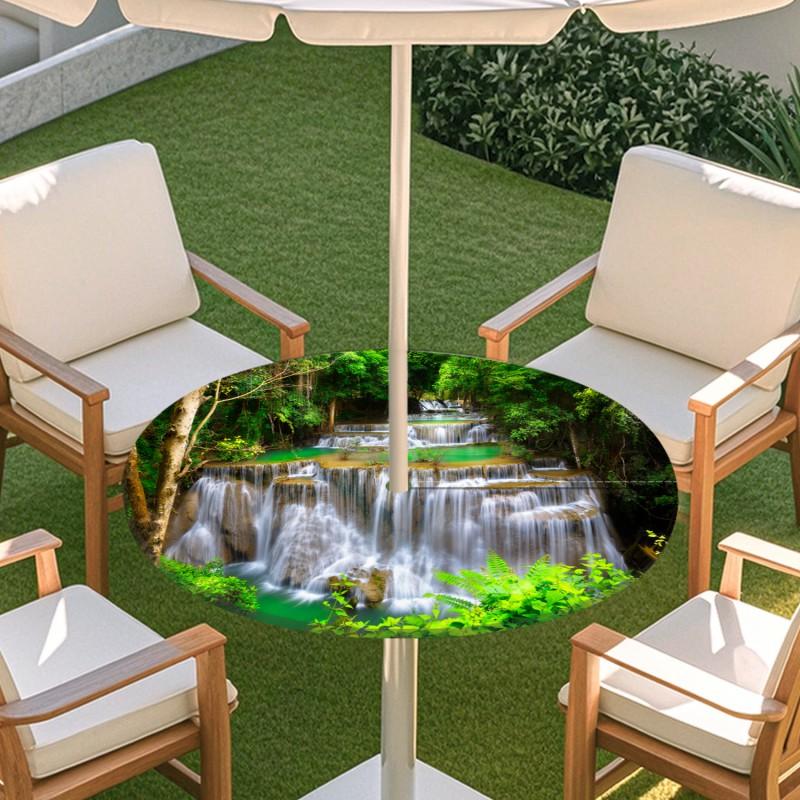 Outdoor Round Table Cover With Nature Print Waterproof Elastic Hem Patio Garden Deck