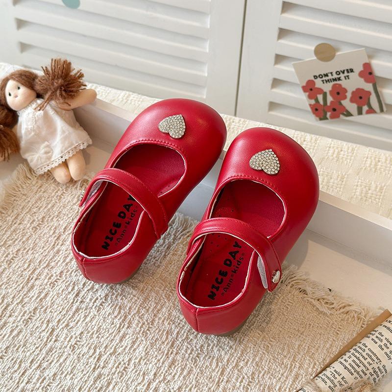 British Style Korean Little Girls Rhinestone Heart Princess Soft Sole Leather Shoes