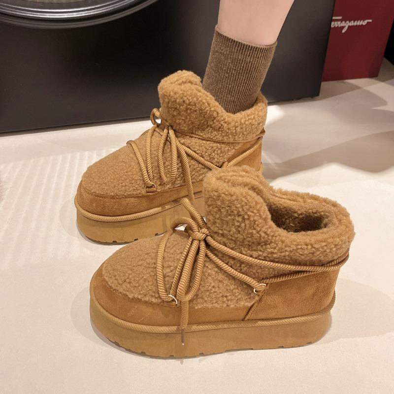Fashion Platform Cross Strap 2025 Winter New Cotton Shoes with Fleece and Thickening Thermal Short Tube Slip-on Snow Boots