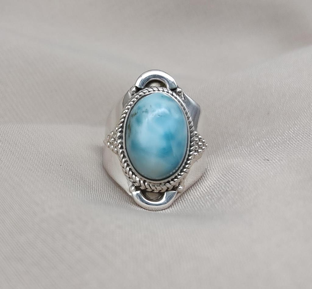 Larimar Ring: 925 Sterling Silver Caribbean Gemstone, Boho Statement Jewelry
