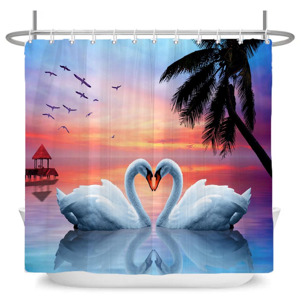 Beautiful Lovers Swan Print Shower Curtain Waterproof Fabric Bathroom Curtains Romantic Girl Home Decoration Curtain Wall Cloth