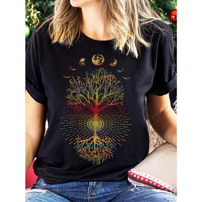 Vibrant Tree & Moon Print Crew Neck T-Shirt - Soft, Breathable, Short Sleeve Top for Spring & Summer - Womens Casual Clothing