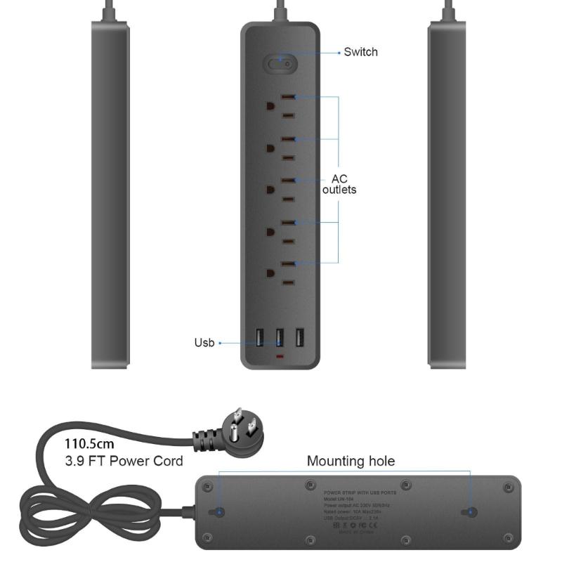8 in 1 Power Strip Surge Protector US Plug Wall Outlet Adapter with 5pcs Widely-Spaced AC-Outlets & 3x USB Ports